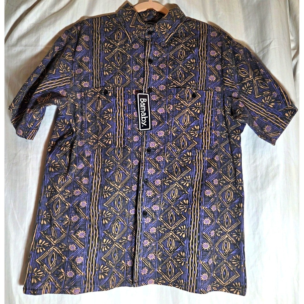 Barnaby 100% Cotton Geometric Short Sleeve Button-Up Shirt M Blue 90's Era